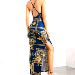 Navy and Gold Scarf Print Dress
